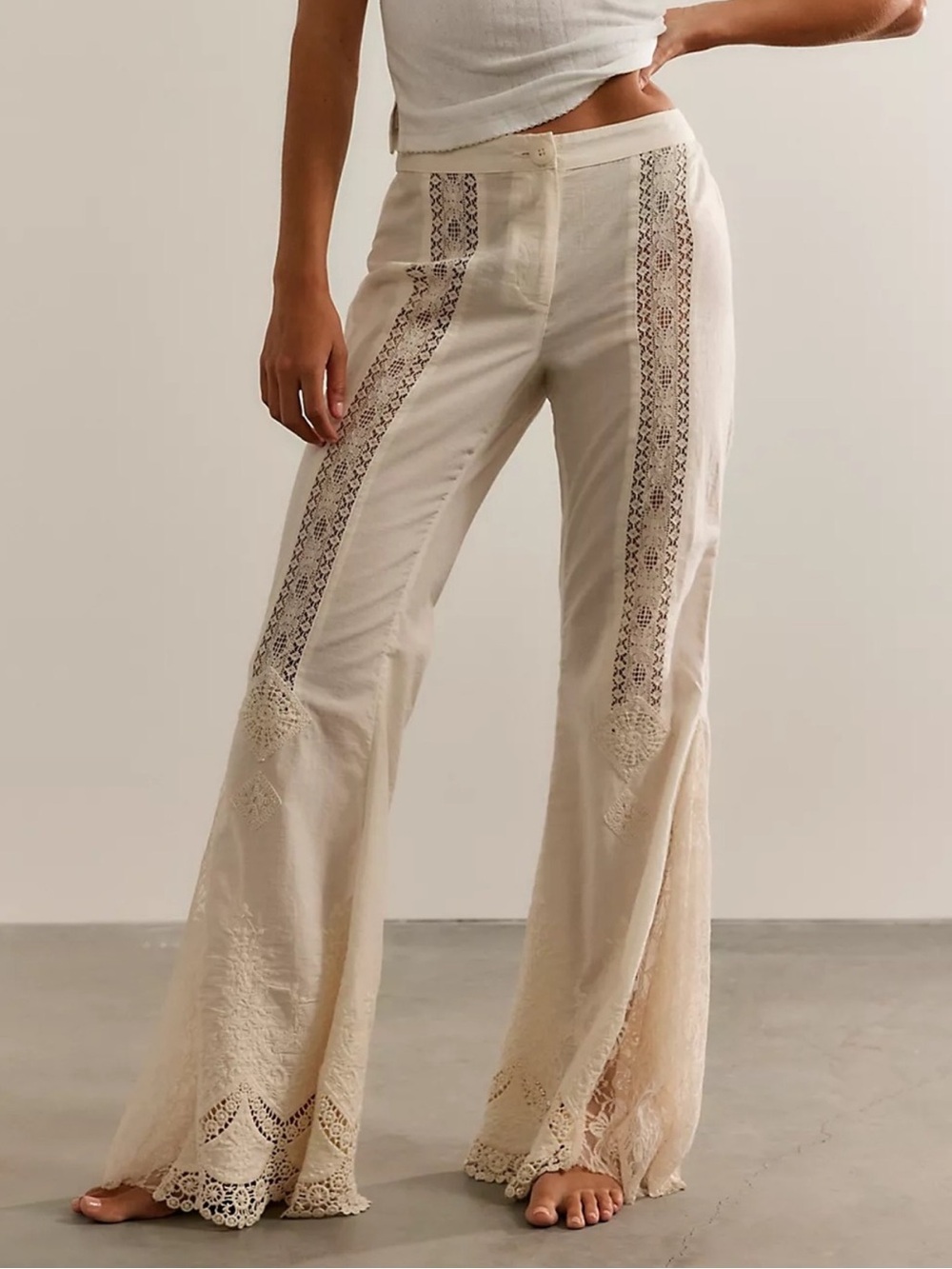 Free People Aliyah Lace Flare Pants in Ivory Cream NWT